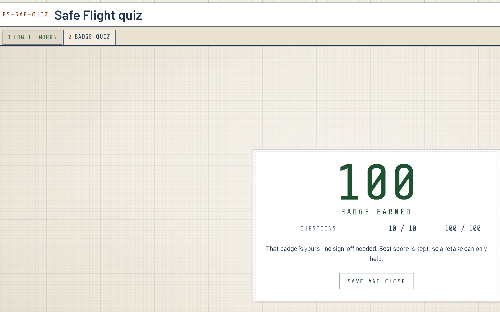 Safe Flight quiz passed on the kiosk