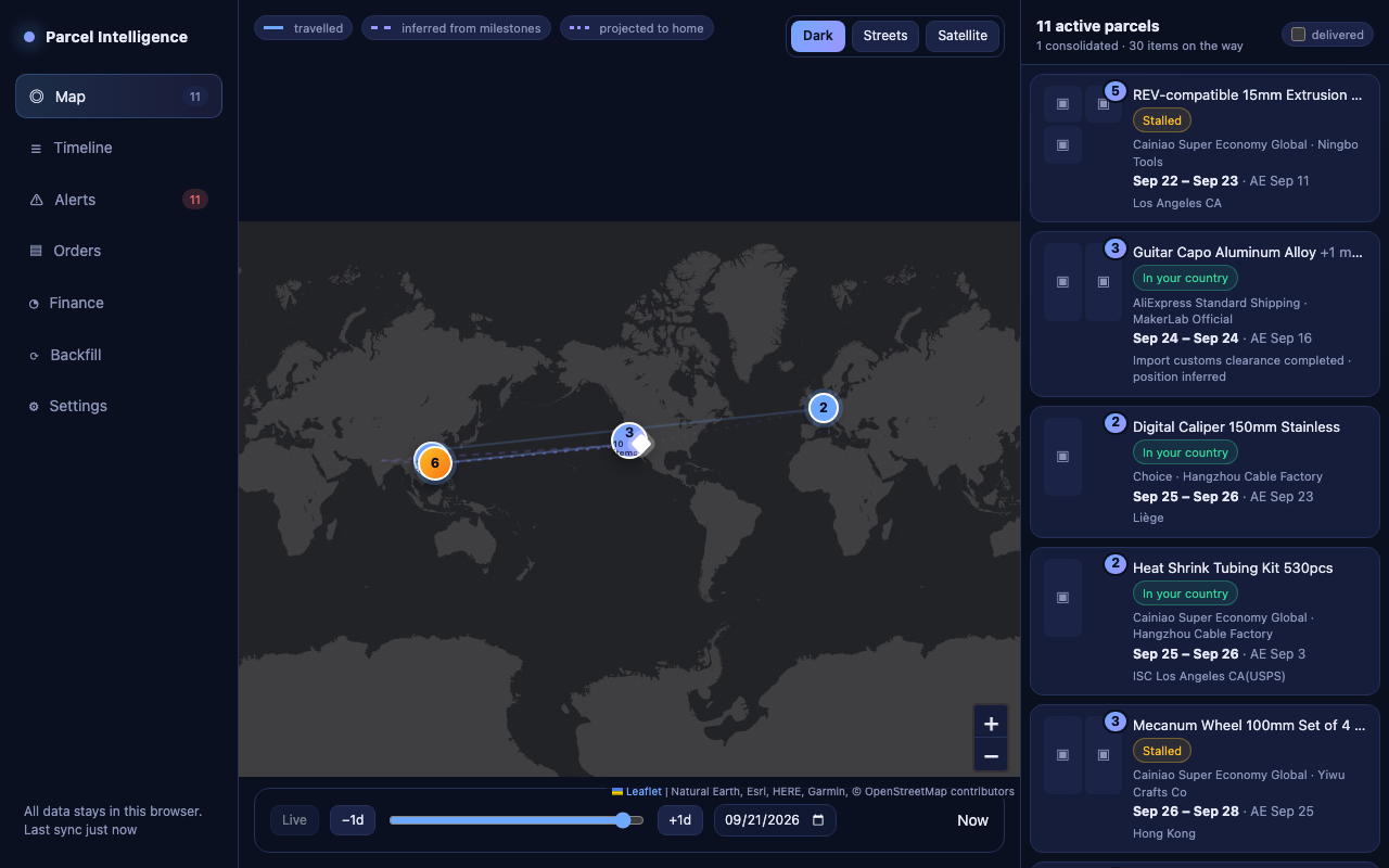 Map view showing active parcels, their travelled routes and a details panel